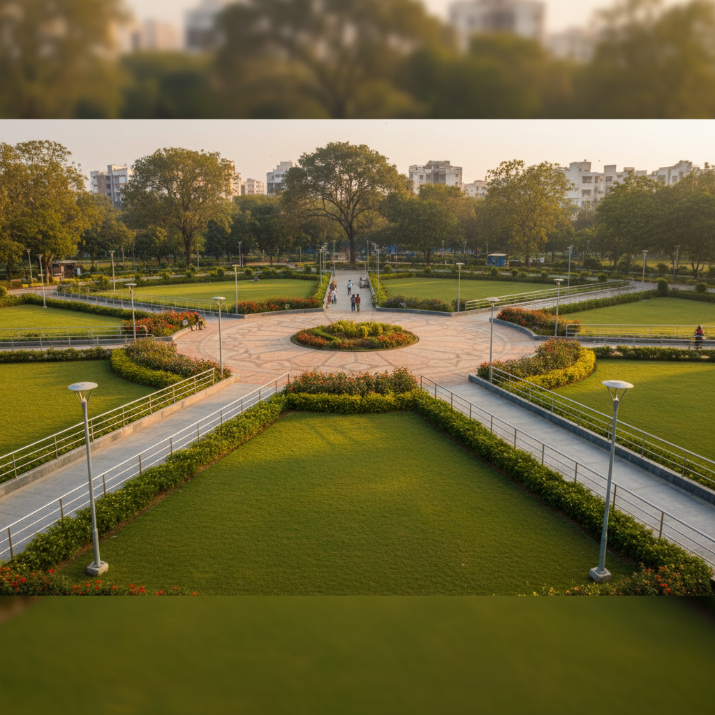 A wide, panoramic photographic view of Nethaji Park in Sector-1, MVP Colony, Visakhapatnam, captured at soft golden hour. Manicured green lawns curve around a central circular plaza with patterned stone paving, low flowering shrubs, and evenly spaced shade trees. Smooth, wheelchair-friendly pathways with gently sloped ramps and sturdy railings lead through the park, bordered by neat hedges and modern lamp posts. In the distance, subtle hints of surrounding residential buildings appear softly blurred. The lighting is warm and even, casting long, gentle shadows that emphasize the park’s openness and safety. Shot from a slightly elevated angle with sharp focus throughout, conveying pride, orderliness, and a welcoming community atmosphere in a realistic, professional photographic style.