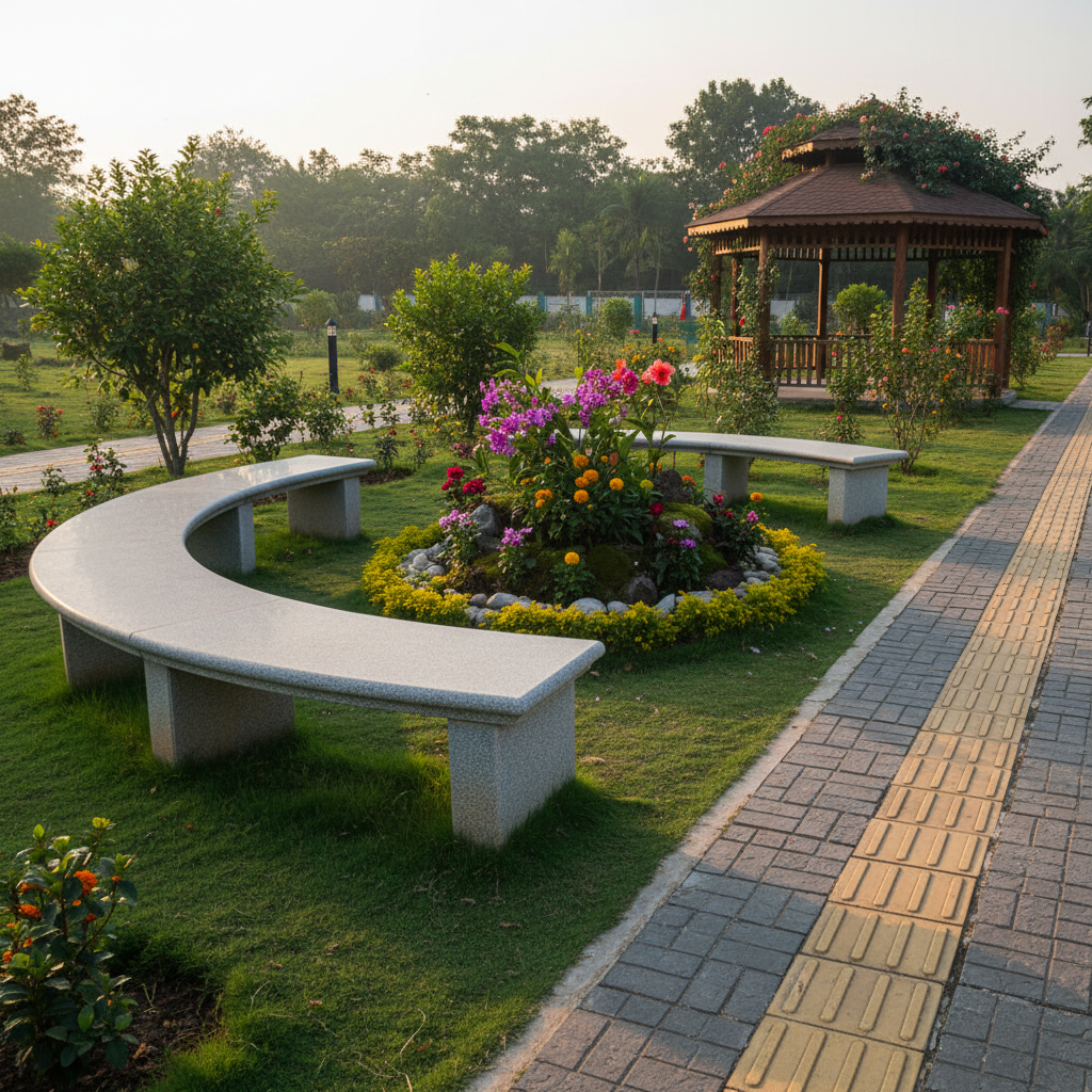 A serene corner of Nethaji Park designed for relaxation, featuring a curved, polished stone bench encircling a small ornamental garden bed filled with native flowering plants and neatly arranged rocks. The bench surface is smooth and light gray, contrasting with the deep green grass and colorful blossoms. A paved walkway with tactile paving strips for accessibility runs alongside, leading toward a distant gazebo. Soft late-afternoon light bathes the scene, with warm tones illuminating the bench edge and casting soft shadows from nearby shrubs. The camera is at eye level with a slight side angle, creating depth as the path recedes. The mood is calm, secure, and contemplative, emphasizing community pride in a clean, well-kept public space, rendered in realistic, professional photography.