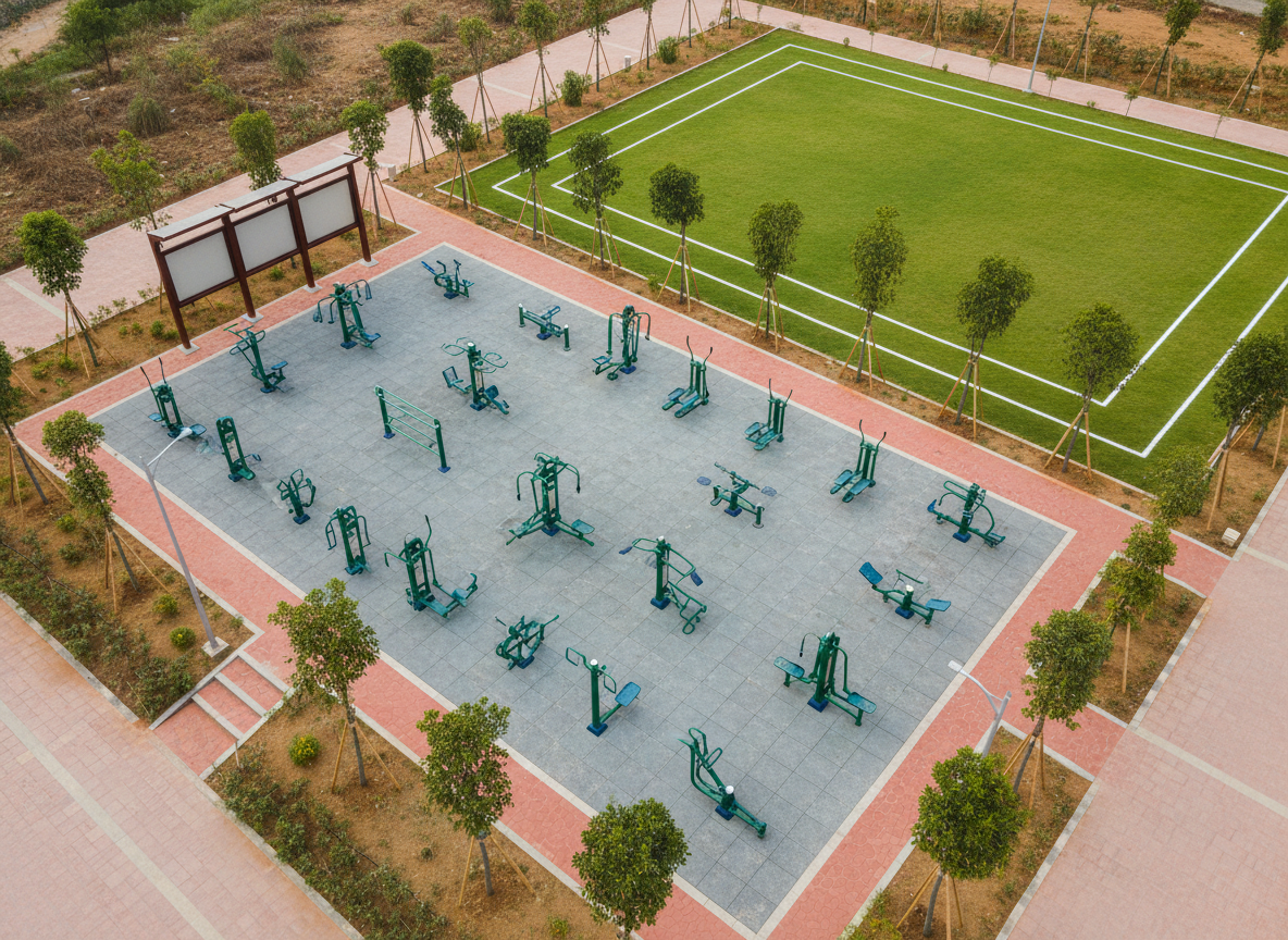 A dynamic photographic overhead view of a designated community activity zone in Nethaji Park, carefully composed without any people. Neatly arranged open-air exercise equipment, painted in coordinated greens and blues, stands on a flat, non-slip surface. Adjacent, a marked open lawn with white boundary lines indicates space for group games or yoga sessions, bordered by young trees supported with protective stakes. Nearby, a notice board structure appears with a blank, neutral surface, suggesting organized events without readable text. Bright but slightly diffused daylight from an overcast sky ensures even lighting, minimizing harsh shadows. The composition uses a bird’s-eye perspective to show layout clarity, accessibility ramps, and safe circulation paths, conveying an organized, health-focused community park environment in realistic photographic style.