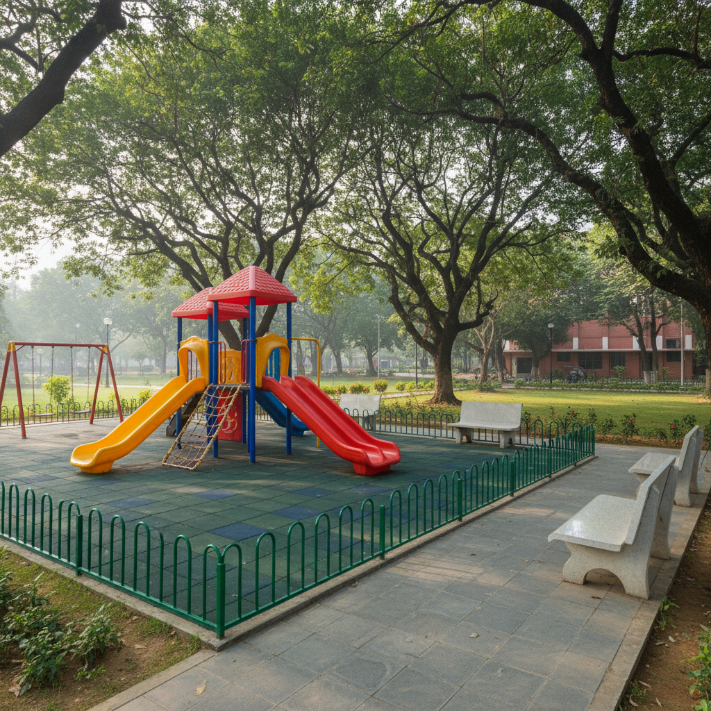 A detailed, eye-level photographic scene of a children’s play area inside Nethaji Park, showcasing bright, well-maintained equipment without any people. A colorful multi-slide structure with smooth plastic surfaces, rubberized safety flooring in interlocking tiles, and a low, secure fence surrounds the space. Nearby, a shaded seating zone with clean stone benches faces the play area, separated by accessible pathways. Early morning diffused sunlight filters through leafy tree canopies, creating dappled patterns on the ground and subtle highlights on the play structures. The composition uses the rule of thirds, keeping the play equipment as the focal point while showing the wider park, communicating safety, care, and community investment in children’s recreation, all in crisp photographic realism.