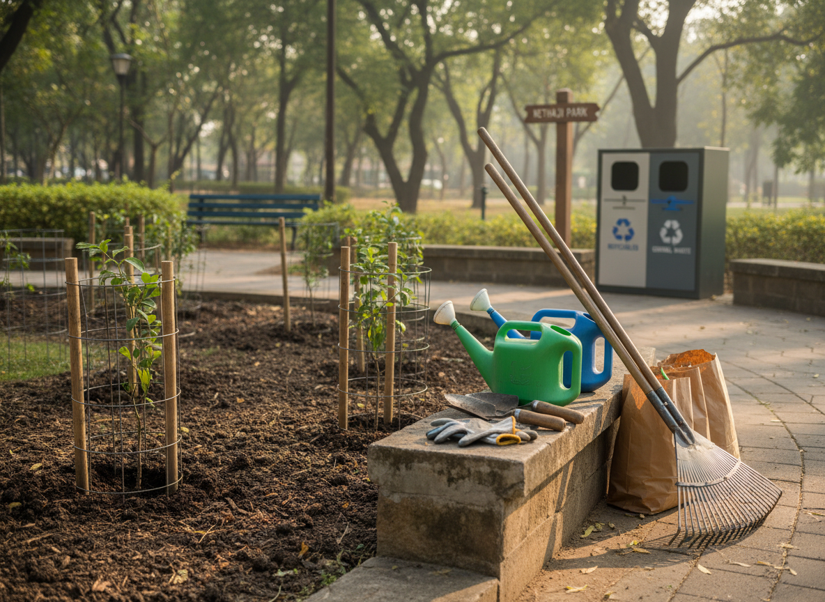 A focused photographic scene of volunteer-driven park care at Nethaji Park