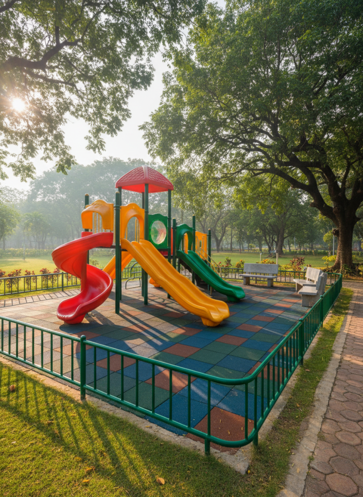 A detailed, eye-level photographic scene of a children’s play area inside Nethaji Park, showcasing bright, well-maintained equipment without any people. A colorful multi-slide structure with smooth plastic surfaces, rubberized safety flooring in interlocking tiles, and a low, secure fence surrounds the space. Nearby, a shaded seating zone with clean stone benches faces the play area, separated by accessible pathways. Early morning diffused sunlight filters through leafy tree canopies, creating dappled patterns on the ground and subtle highlights on the play structures. The composition uses the rule of thirds, keeping the play equipment as the focal point while showing the wider park, communicating safety, care, and community investment in children’s recreation, all in crisp photographic realism.